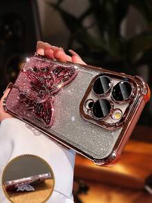 奢华电镀粉色手机壳，创意蝴蝶支架，闪亮水钻Y2K风格，防震，新款夏季硅胶软壳保护套，兼容 16/16E/15/14/13/12/11/X/XS/XR/8/7 Plus/Pro/Max/Mini，Galaxy S24/S25 Ultra，兼容小米、荣耀、Reno、MOTO等手机，男女通用，2025款 - 粉色 - 查看 3