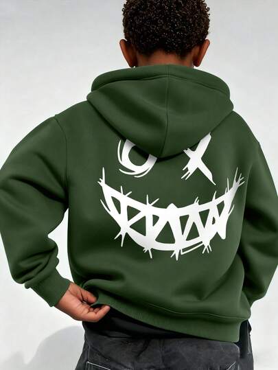 青少年男童休闲印花黑色保暖内衬卫衣，秋季款