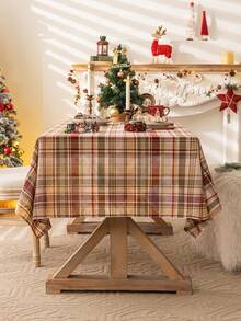 1pc Christmas Beige & Plaid Tablecloth, Thickened Woven Material For Square Table, Suitable For Holiday Gatherings And Parties - Beige, Red and Green - View 9