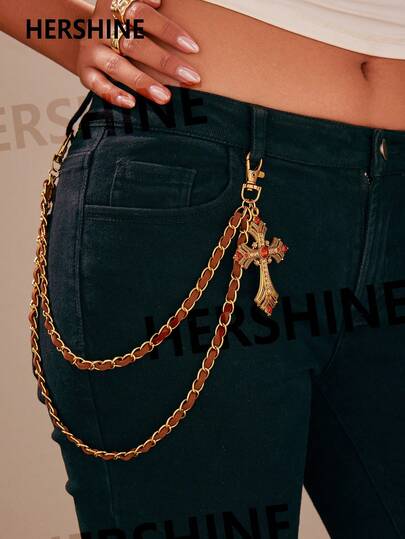 Hershine 1 Bohemian Style Red Rhinestone And Cross Decorated Multi-Layer Pants Chain, Fashionable, Simple And Versatile