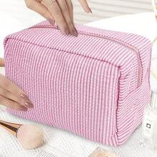 GFU Cosmetic Bag For Women, Large Makeup Bag, Travel Toiletry Stripe Cosmetic Bag, Seersucker Women Aesthetic Organizer Storage Pouch, Girls Handbags Purses (Pink){"Color_name":"Pink"} - 粉紅色的 - 查看 6