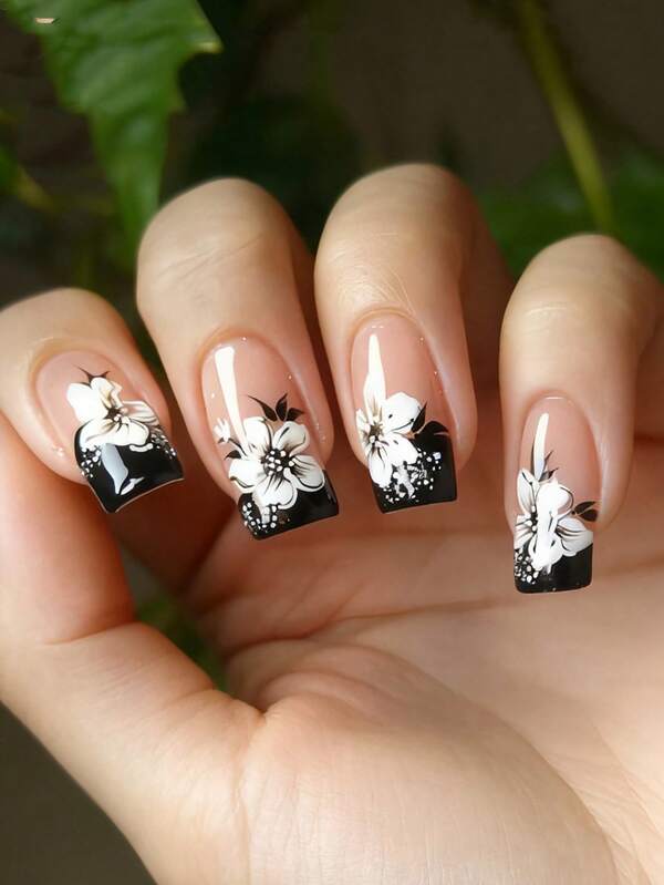 Instantly Upgrade Your Look With 24pcs Medium Square Press On Nails Set Simple And Elegant White Flowers Black Leaves White Spots Black French Style Nude Nails Fashionable White Lily False Nails Full Cover Fake Nails For Women And Girls Includes 1 Sheet Adhesive Tabs & 1 Pc Mini File Jelly Gel Random Shipment