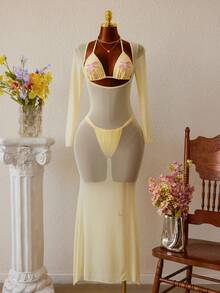 Temptaria 3pcs SS26 New Women's Fashion Bikini Set, Crop Top, Ocean Pearl Decor, Light Yellow, Women's Swimwear Beach Party Outfit Vacation Summer Elegant - Light Yellow - View 3