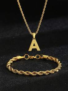 2 件/套经典简约镀金首字母吊坠不锈钢扭绳链项链和手链适合男孩女孩时尚街头派对字母颈链首饰适合日常佩戴和朋友生日礼物