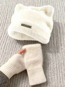 秋冬保暖套装：可爱猫耳毛绒帽+半指手套，甜美风格保暖两件套配饰，冬季保暖帽，情人节礼物