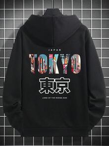 Men's Casual "TOKYO" English Slogan & Tokyo Element Print Thermal Lined Hoodie, Autumn/Winter, Long Sleeve Top