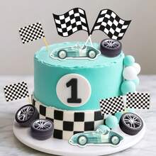 LaVenty Race Car Cake Decorations Car Cake Topper Checkered Flag Cake Topper Growing Up Two Fast Birthday DecorFast One Fast Three Need Four Speed Birthday Decorations - Multicolor - View 2