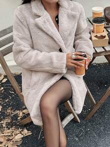 Seelio Autumn/Winter New Fluffy Turndown Collar Loose Faux Fur Effect Women Coat Jacket - Light Grey - View 7