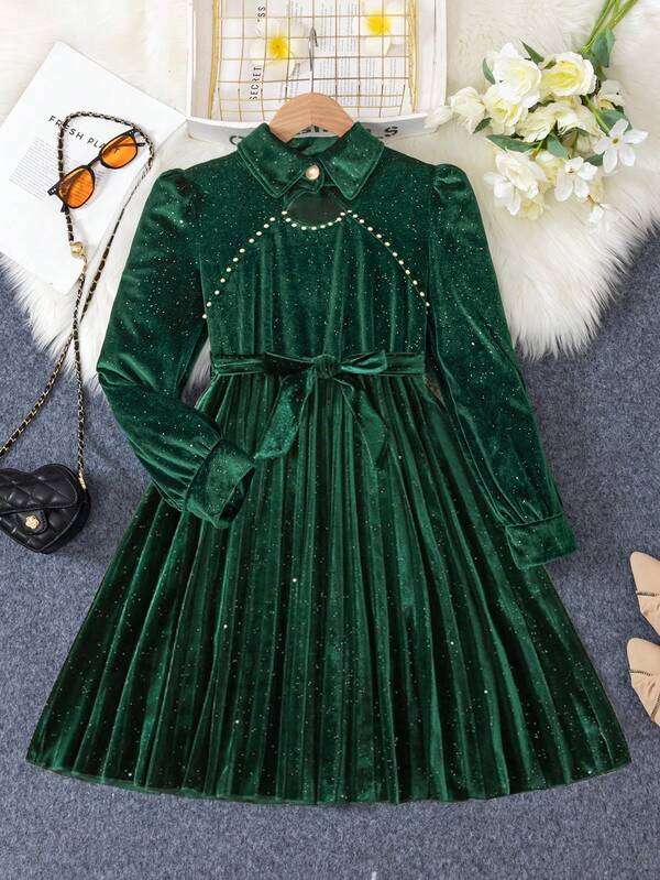 Elegantes Samt-Kleid für Mädchen im Herbst/Winter, Samtkleid mit Silberpulver und olivgrünem Kragen, mit Perlendekor, modisch, anmutig, geeignet für Lässig und Alltag
