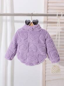 Toddler Girls Half-Zip Stand Collar Fleece Jacket, Heart Embossed Texture Letter A Applique Pullover, Comfortable Long Sleeve Casual Winter Set - Purple - View 2