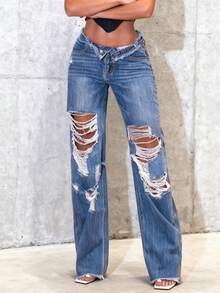 Womens Jeans With Irregular Holes And Hairy Edges, Simple And Casual Baggy Jeans, Solid Color Everyday Joker Jeans, Fall Clothes For Women Comfortable And Inelastic Trousers. - 深色水洗藍 - 查看 5