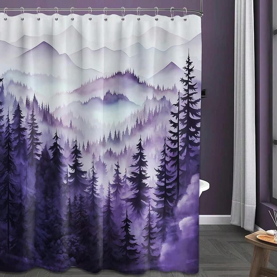 Mountain Shower Curtain Sets, Dark Purple Shower Curtains For Bathroom, Nature Woodland Forest Waterproof Pine Tree Bathroom Decor For Men, Polyester Fabric With Hooks, 72x72 In{"Color_name":"Purple","Size_name":"70\"Wx72\"L(Packof1)"} - 多色22 - 查看 1
