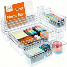 Juego de 8 piezas de organizador de cajones de escritorio, estilo clásico, material de plástico, para papelería de oficina, organización de marcadores y lápices de colores, caja de almacenamiento de tocador transparente para escritorio con divisores. - Multicolor - Ver 3