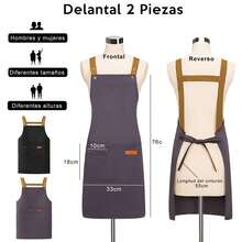 2 PCS Delantales de Cocina Ajustables con Bolsillos - Impermeables de Éster para Mujer y Hombre, Ideal para Cocina, Barbacoa, Pintura y Jardinerí - Negro+Gris - Ver 3