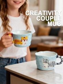 1 pièce Tasse à café en céramique peinte à la main avec motif de chat mignon de dessin animé, sous-glaçure colorée, tasse à thé de l'après-midi, tasse de couple créative de haute valeur - tasse - Voir 3