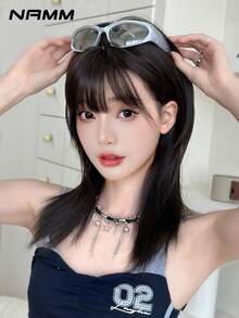NAMM 1 PC Dark Brown Wolf Mullet Wig For Women,20 Inch Medium-Length Straight Wig With Bangs, Synthetic Fluffy Natural Realistic Full Machine Wigs Perfect For Daily Styling, Lolita Fashion, And Kawaii Cosplay Characters - Black - View 2