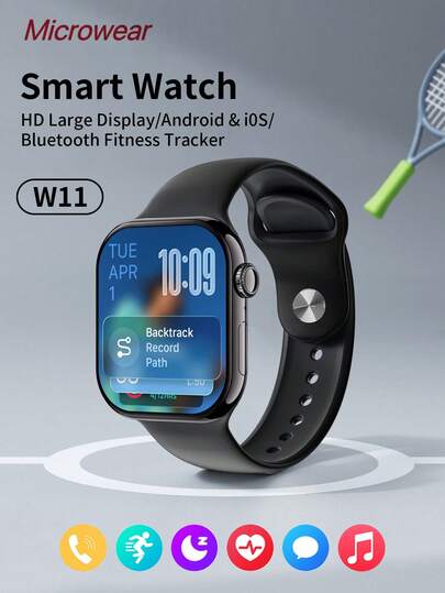 Microwear ユニセックス スマートウォッチ、iPhoneやサムスン、Androidスマートフォンと互換性あり、2.07インチ フルタッチスクリーン、Bluetooth通話対応、心拍数/睡眠モニタリング、IP68防水、ブラック