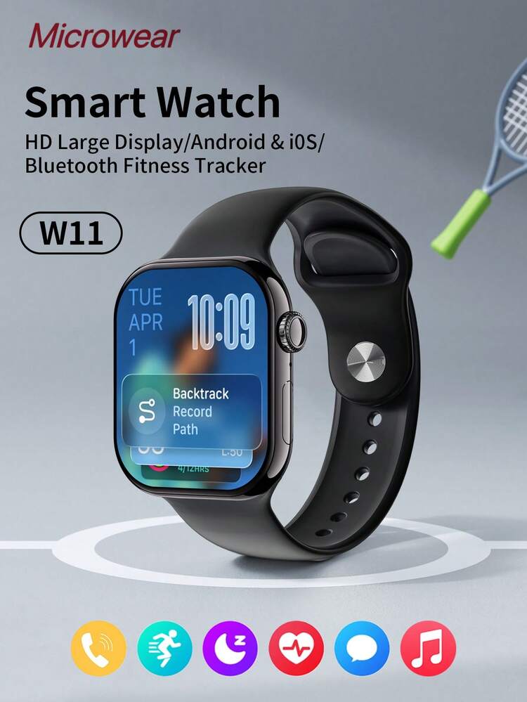 Microwear ユニセックス スマートウォッチ、iPhoneやサムスン、Androidスマートフォンと互換性あり、2.07インチ フルタッチスクリーン、Bluetooth通話対応、心拍数/睡眠モニタリング、IP68防水、ブラック - ブラック - 見る 1