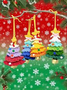 1 pièce Décorations de Noël en crochet faites à la main - Fils de tissu doux, crochetés multicouches et multicolores, anneaux de suspension et décorations étoile dorée au sommet - Décorations de style DIY convenant pour Noël, la Saint-Valentin, la maison, le bureau