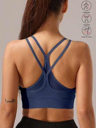 1PC Women's Cross Mesh Sports Yoga Bra, Elastic, Suitable For Fitness And Outdoor Activities