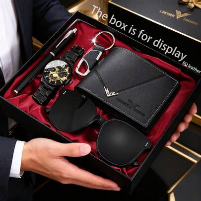 5 件/套男士时尚商务钱包套装，时尚多元素组合，精致的表盘设计，生日、情人节、圣诞节、周年纪念日的理想礼物 - 纯色 PU 皮革防盗钱包，适合所有季节