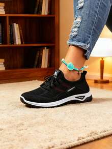 Women's Slip-On Mid-Top Casual Sports Shoes - Breathable Synthetic Cover & Mesh Upper, Vibrant Green & Orange Accents, EVA/PVC Cushioned Sole For All-Day Comfort - Versatile For Work, Running Errands & Casual Attire, Ladies Sneakers, Workwear Sneakers, Stylish Slipons, Modern Sneakers, Durable Traction, Comfortable Fit - 黑色 - 查看 4