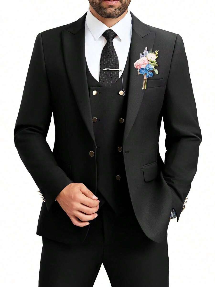 Mens Suit 3 Piece Slim Fit Double Breasted Vest Men's Suits Tuxedo Set Casual Jacket Blazer Vest Pants Groom Wedding - 黑色 - 查看 1