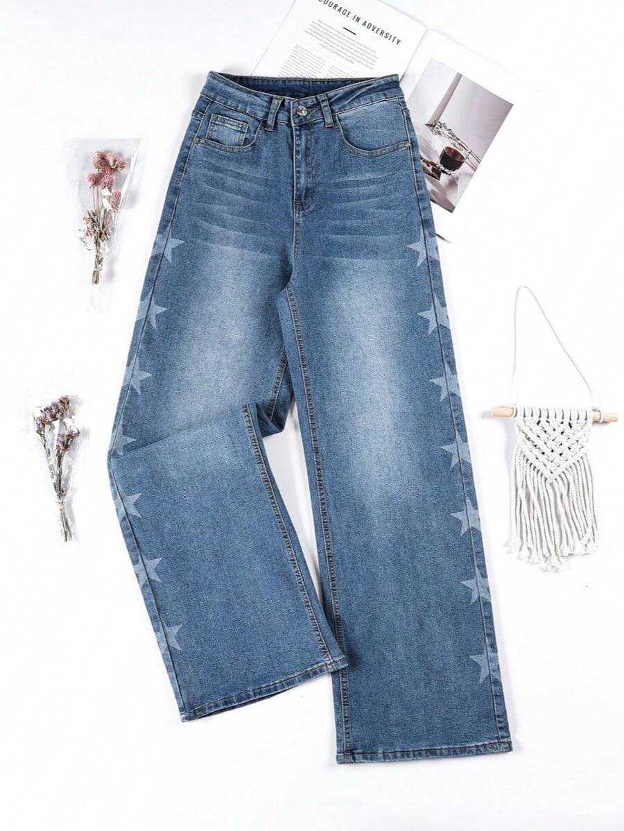 Jeans casuales de mezclilla de pierna ancha para mujer, largo largo en azul claro con cintura escalonada, material altamente elástico para un ajuste perfecto. - Azul - Ver 1