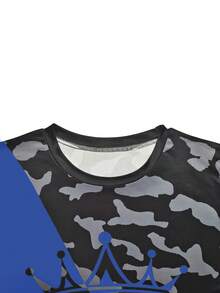 Contrast Color Print Sporty Long Sleeve Top And Pants Set - Blue - View 3