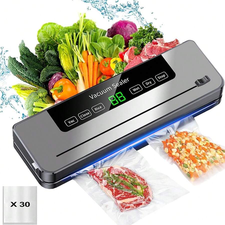 Máquina de sellador de vacío automático con 10 bolsas, preservación de alimentos compactos multifuncionales, material ABS, 110V/220V, enchufe de EE. UU., No se requiere batería, para el mantenimiento de la frescura - Gris Oscuro - Ver 1