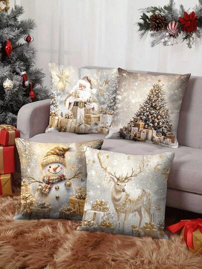 4pcs/1pc Gold Christmas Party Decoration Pillow Cover - Santa Claus, Snowman, Reindeer And Christmas Tree Pattern, 18x18 Inches | Zipper Closure | Bright Colors And Polyester Material | For Living Room, Room Decoration, Sofa And Bedroom (Filling Not Included) Great For Christmas Decorations, Christmas Party, Bedroom Decor, Home Decor