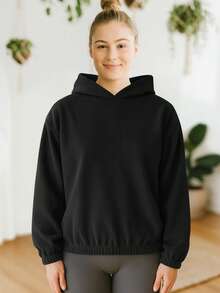 Women's Autumn/Winter Casual Pullover Sweatshirt, Loose Fit Long Sleeve Top, Minimalist Design, Fleece Hooded, Suitable For Gym, Running, Commuting And Daily Wear - Black - View 1