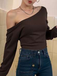 DAZY 1 Peça Camiseta Cropped Justa de Ombros à Mostra de Cor Sólida para Mulheres, Marrom, Manga Longa para Primavera/Verão/Outono, Blusas Femininas - Castanho - Visão 5