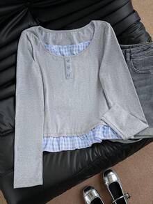 可爱格子拼接二合一纽扣装饰长袖T恤，修身剪裁，适合拍摄照片，秋冬季 - 灰色 - 查看 7