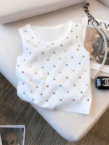 Camiseta sin mangas de punto con diamantes de imitación de colores para mujer, Top corto informal con cuello redondo, ropa de verano - Blanco - Ver 7