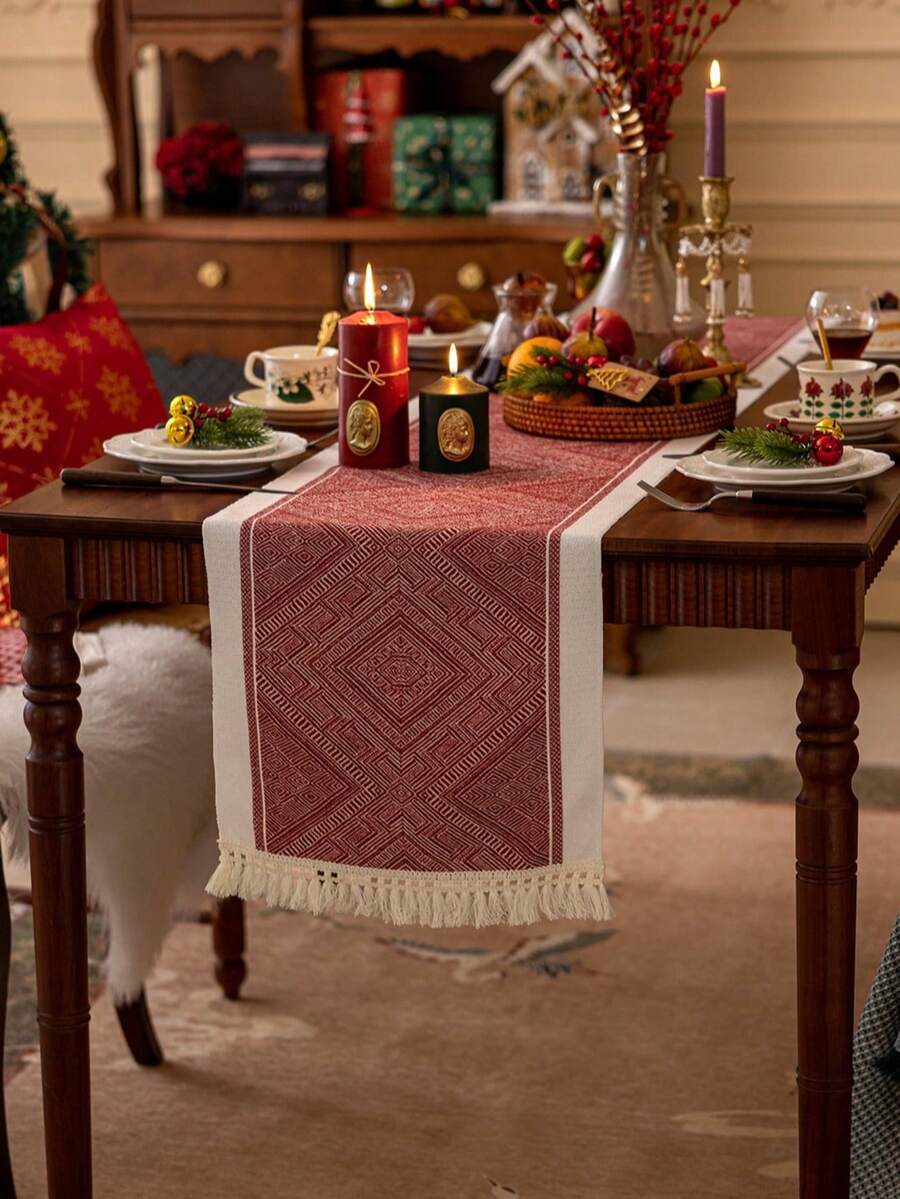 1 pieza Camino de mesa navideño rojo con diseño geométrico jacquard, decoración navideña de granja vintage con flecos, adecuado para Navidad, reuniones familiares, fiestas de hotel, cenas de boda, decoración de mesa de comedor, decoración del hogar, decoración del ambiente navideño, Feliz Navidad - Rojo - Ver 1