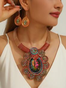 Set de 3 piezas de collar y aretes bohemios, africanos y coreanos hechos a mano con alambre de aluminio multicapa exagerado, brillante para vacaciones, fiestas, playa y estilo vintage