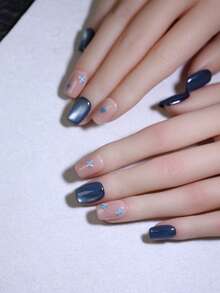 10 pezzi di unghie finte quadrate corte, stile francese, design autunnale e invernale, colore blu e nudo, stile occhio di gatto, fatto a mano, pronte all'uso, riutilizzabili, prodotti per la manicure e la bellezza delle unghie