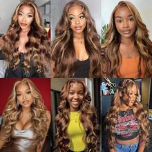 Xiayume 250 Density 32 Inch 360 Lace Front Wigs Human Hair Honey Blonde Body Wave Lace Front Wigs With Baby Hair Full 360 Glueless HD Transparent Lace Front Human Hair Wigs For Women 4/27 Human Hair Wig - S4/27 - 查看 6