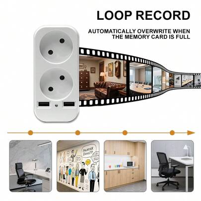 1080P Full HD-WLAN-Kamera mit Steckdosenleiste, Audio- und Videoaufzeichnung, Nanny-Cam mit Fernanzeige, EU-2-poligem Stecker-Wandladegerät, Bewegungserkennung, lokaler SD-Kartenspeicher bis zu 256 GB (nicht im Lieferumfang enthalten), Camcorder zur Überwachung zu Hause/auf Reisen/in Hotels