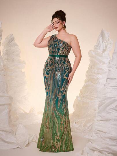 闪亮新款亮片单肩成熟大码舞会礼服，配有腰带、荷叶边下摆、修身鱼尾裙摆，适合舞会、婚礼、派对、婚礼宾客、晚礼服