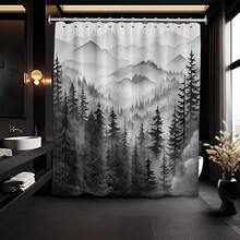 Foggy Mountain Shower Curtain, Nature Woodland Forest Cabin Shower Curtains For Bathroom Waterproof Pine Tree Bathroom Decor For Men, Polyester Fabric With Hooks (Black And White,60''W X 72''L){"Color_name":"BlackandWhite","Size_name":"60\"Wx72\"L(Packof1)"} - 多色13 - 查看 3
