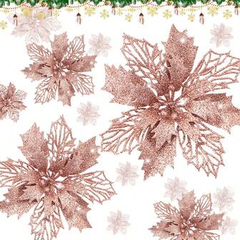 1/10 piezas Flores de Flor de Pascua con purpurina y clips, hojas de malla con purpurina color oro rosa, flores de Flor de Pascua artificiales para árbol de Navidad, decoraciones navideñas y de Año Nuevo, flores de Navidad artificiales brillantes para árbol de Navidad color oro rosa, decoración de mesa para bodas