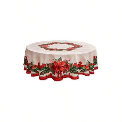 Poinsettia Ribbon Engineered Printed Fabric Tabletop Xmas Winter Holiday Time Tablecloth 70 Round