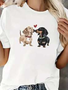 Playera camiseta gráfica dama mujer manga corta cuello redondo básica cómoda fresca ligera moderna juvenil casual estampado perro perrito corazón beso lindo tierno amor dog lover cachorros salchicha - Blanco - Ver 1