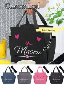 1 pieza Bolsa de almuerzo aislada con diseño personalizable de nombre y corazón, diseño de bolsillo doble, gran capacidad para lonchera de estudiante, forro de aluminio grueso - Negro - Ver 9