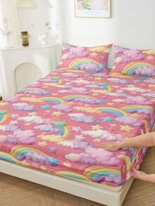 1件床笠，数码印花图案，床垫保护套，床罩，舒适家纺，透气防起球床垫套，床罩，家居装饰，装饰床罩，适用于卧室和宿舍，适合所有床型 - 单人床、双人床、大号床、特大号床，四季皆宜，可机洗，防尘防滑，不含枕头和枕套，节日礼物 - 彩色 - 查看 2