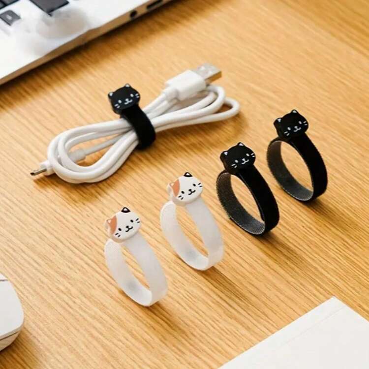 可愛い猫型ケーブルタイ 4個セット - 丈夫なナイロン製、ワイヤー