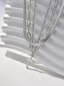 Tkool Bộ 3 dây chuyền bạc lưỡi dẹt thời trang kèm mặt dây chuyền thánh giá, đính đá Cubic Zirconia siêu nhỏ - Bạc - Xem 7