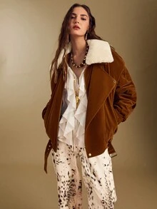 Sollinarry 女士冬季新款时尚棕色丝绒飞行员夹克，带人造毛领、拉链、保暖内衬，常规长度外套，适合圣诞节、新年、感恩节等场合穿着。 - 黃色 - 查看 1